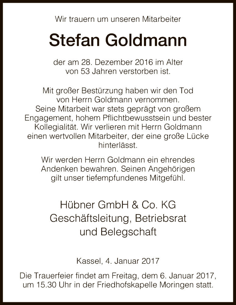  Traueranzeige für Stefan Goldmann vom 04.01.2017 aus HNA
