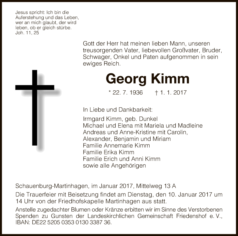 Traueranzeige für Georg Kimm vom 05.01.2017 aus HNA