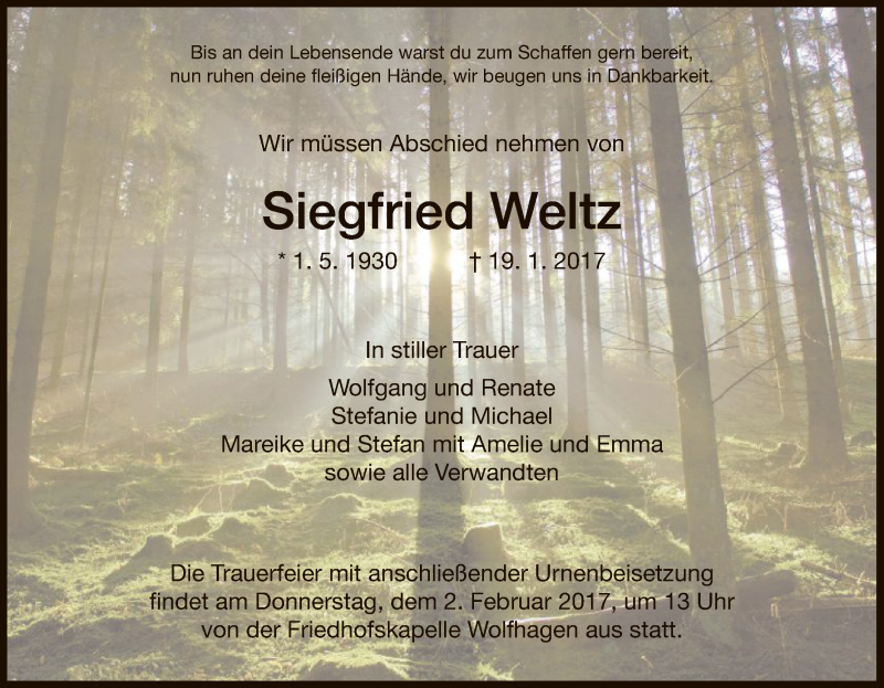 Traueranzeige für Siegfried Weltz vom 28.01.2017 aus HNA