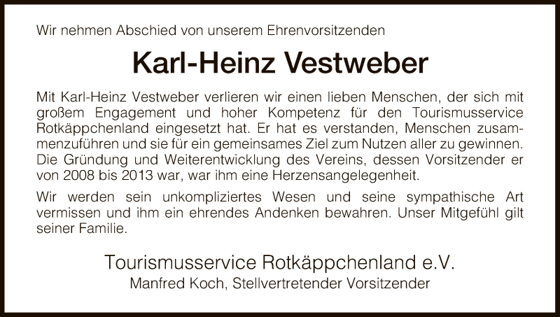  Traueranzeige für Karl-Heinz Vestweber vom 21.01.2017 aus HNA