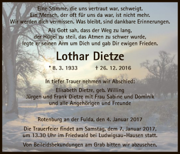 Traueranzeige von Lothar Dietze von HNA