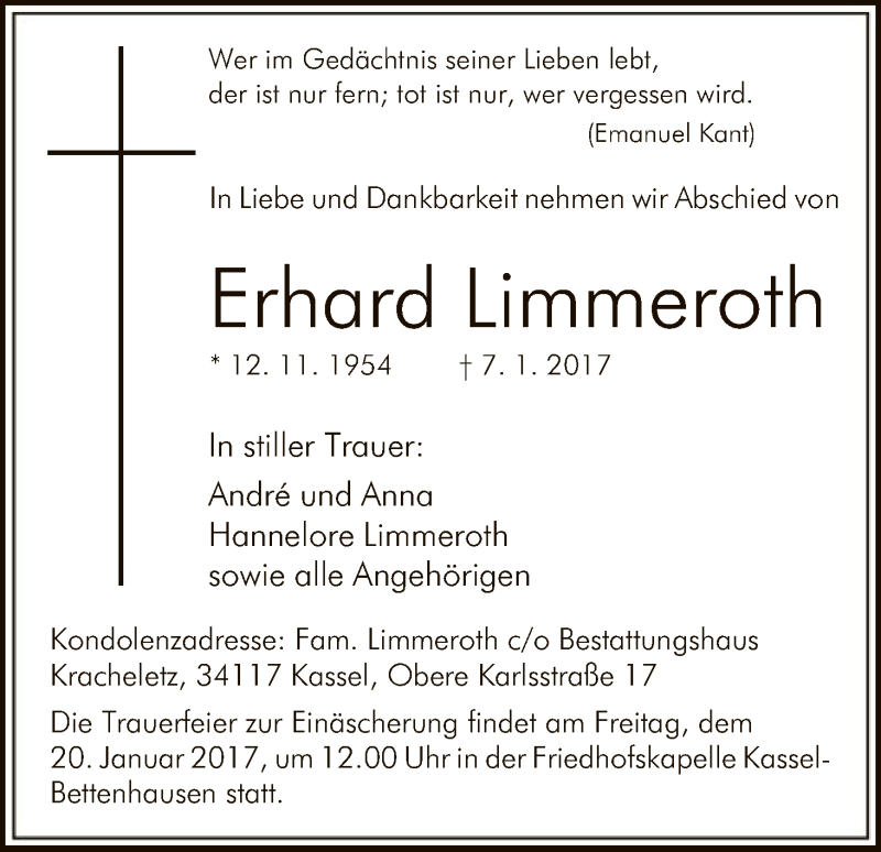  Traueranzeige für Erhard Limmeroth vom 16.01.2017 aus HNA