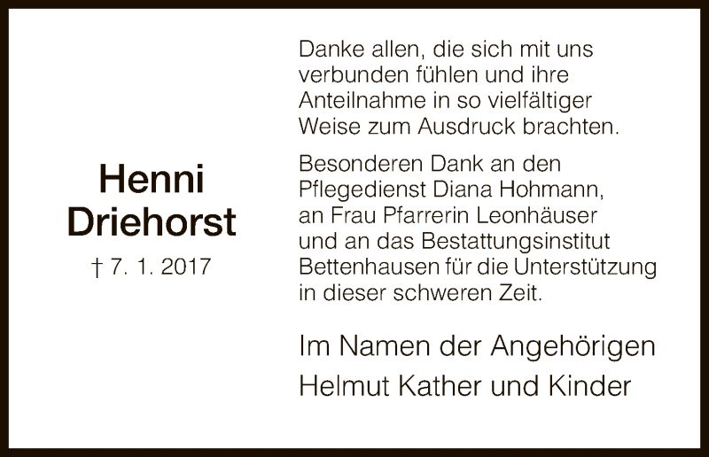  Traueranzeige für Henni Driehorst vom 28.01.2017 aus HNA