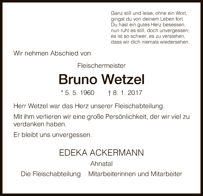  Traueranzeige für Bruno Wetzel vom 18.01.2017 aus HNA