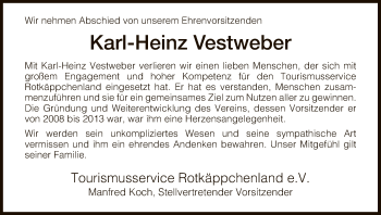 Traueranzeige von Karl-Heinz Vestweber von HNA