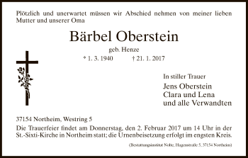 Traueranzeige von Bärbel Oberstein von HNA