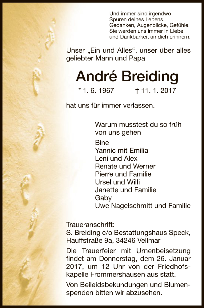  Traueranzeige für Andre Breiding vom 21.01.2017 aus HNA