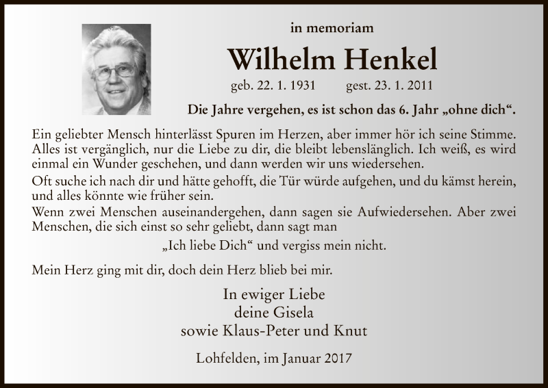  Traueranzeige für Wilhelm Henkel vom 23.01.2017 aus HNA