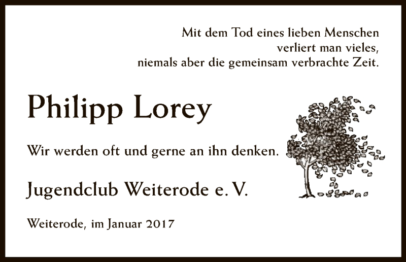  Traueranzeige für Philipp Lorey vom 06.01.2017 aus HNA