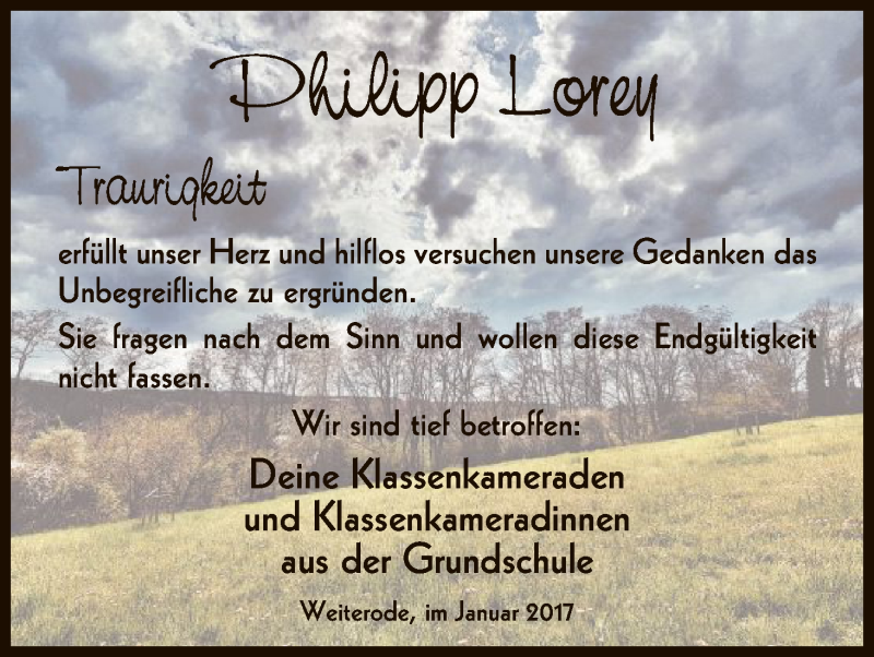  Traueranzeige für Philipp Lorey vom 06.01.2017 aus HNA