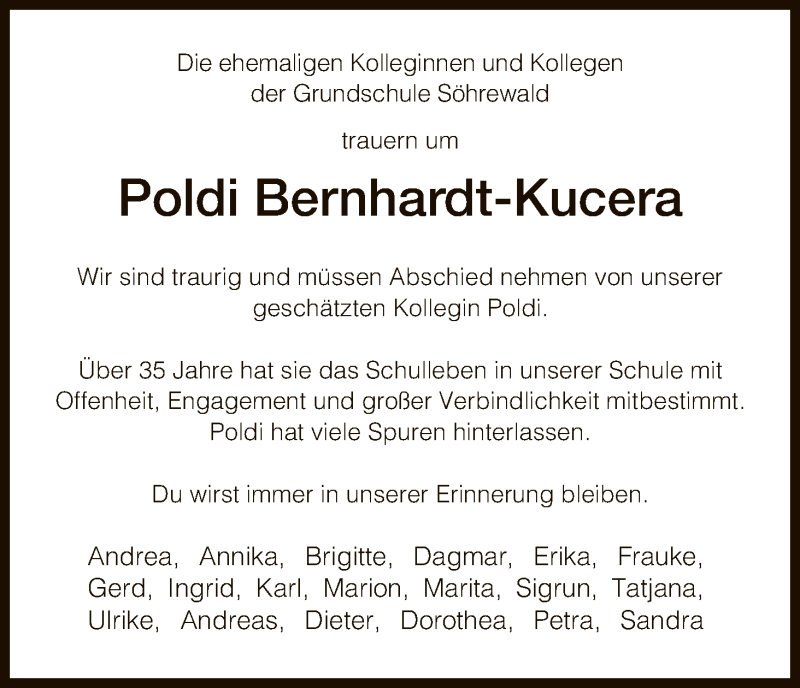  Traueranzeige für Poldi Bernhardt-Kucera vom 14.01.2017 aus HNA