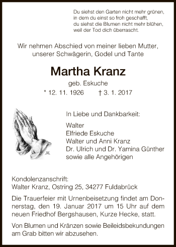 Traueranzeige von Martha Kranz von HNA