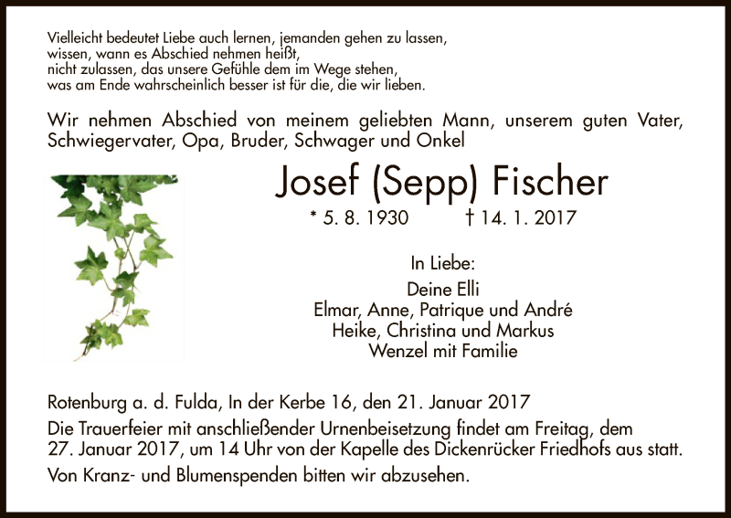  Traueranzeige für Josef Fischer vom 21.01.2017 aus HNA