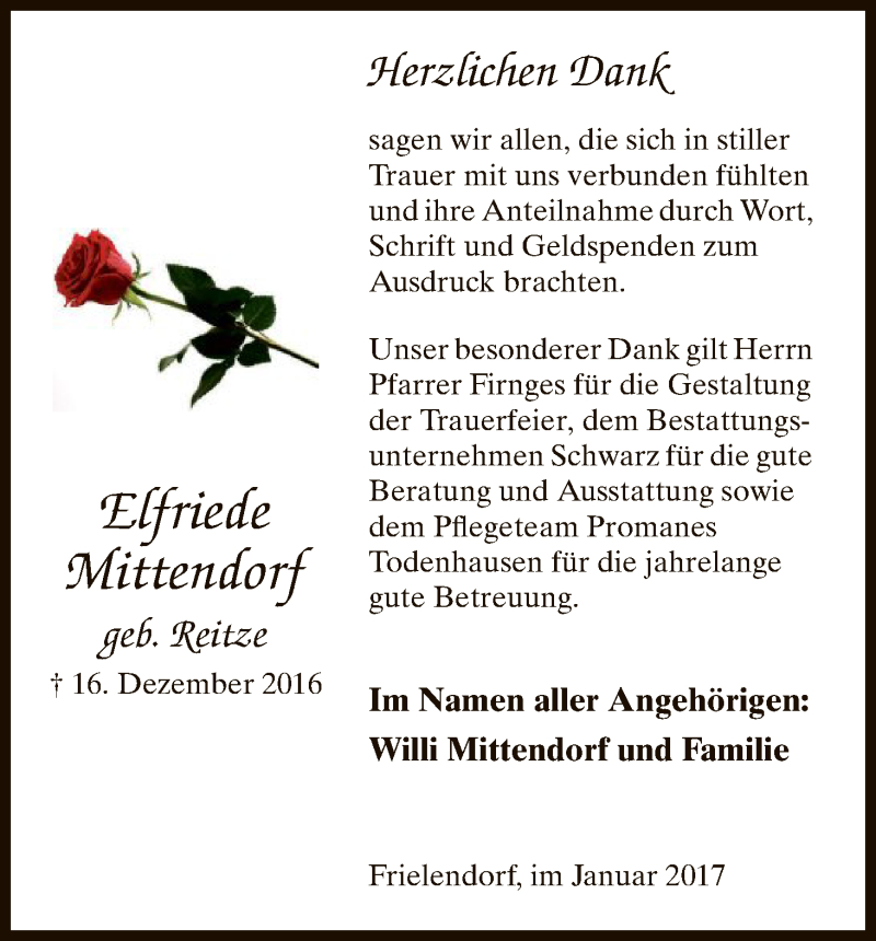  Traueranzeige für Elfriede Mittendorf vom 21.01.2017 aus HNA