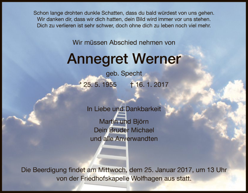  Traueranzeige für Annegret Werner vom 20.01.2017 aus HNA