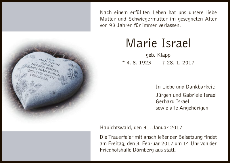 Traueranzeige für Marie Israel vom 31.01.2017 aus HNA