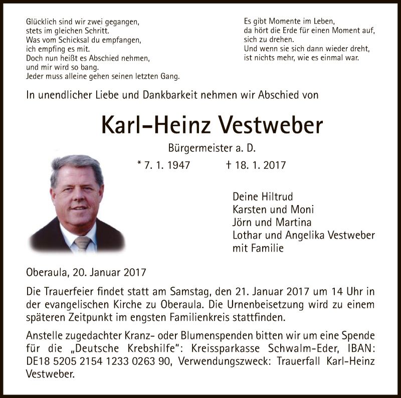  Traueranzeige für Karl-Heinz Vestweber vom 20.01.2017 aus HNA