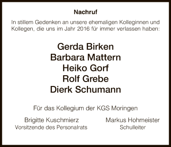 Traueranzeige von Im Gedenken Kollegium der KGS Moringen von HNA