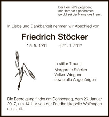 Traueranzeige von Friedrich Stöcker von HNA