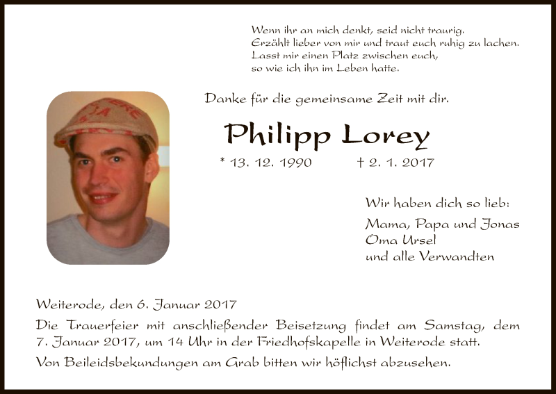  Traueranzeige für Philipp Lorey vom 06.01.2017 aus HNA