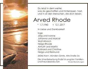 Traueranzeige von Arved Rhode von HNA