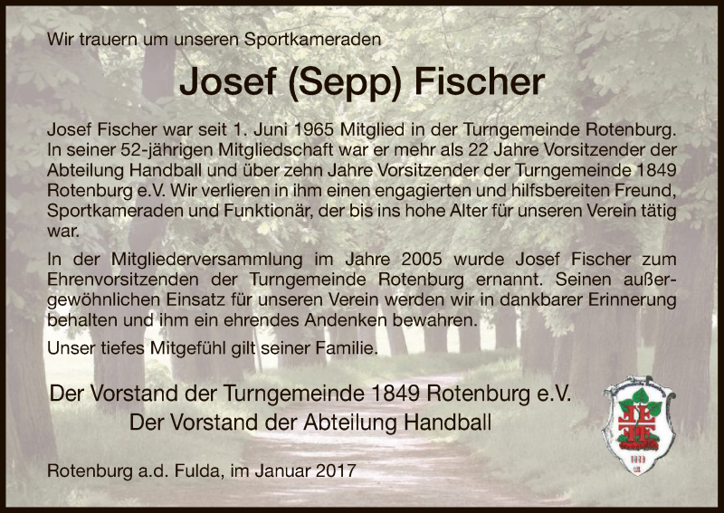  Traueranzeige für Josef Fischer vom 24.01.2017 aus HNA