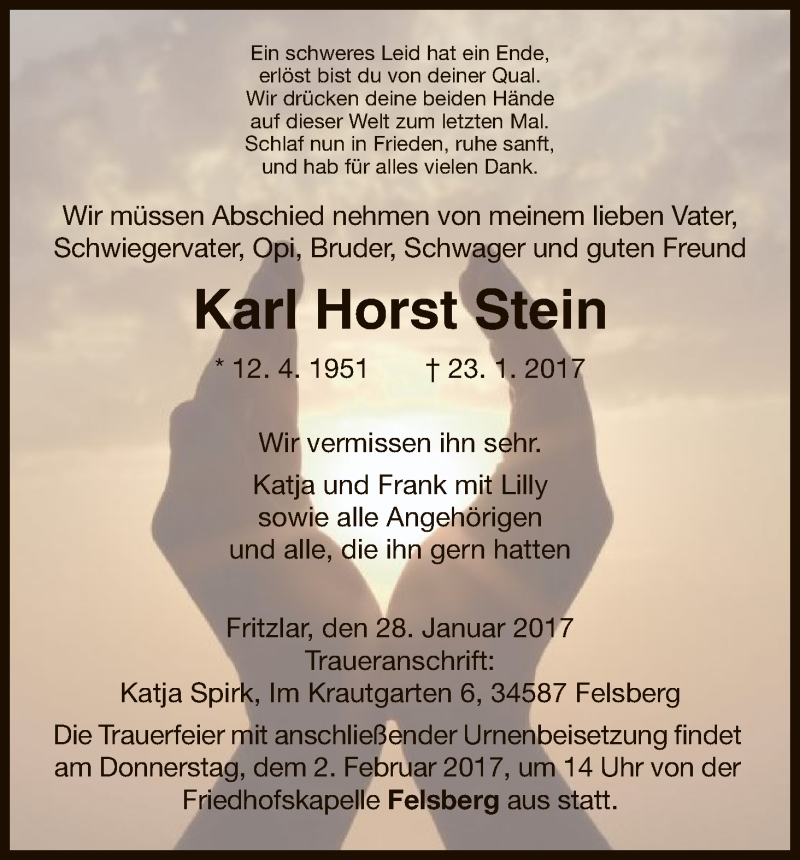  Traueranzeige für Karl Horst Stein vom 28.01.2017 aus HNA