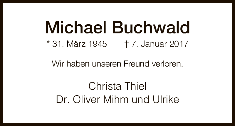  Traueranzeige für Michael Buchwald vom 14.01.2017 aus HNA