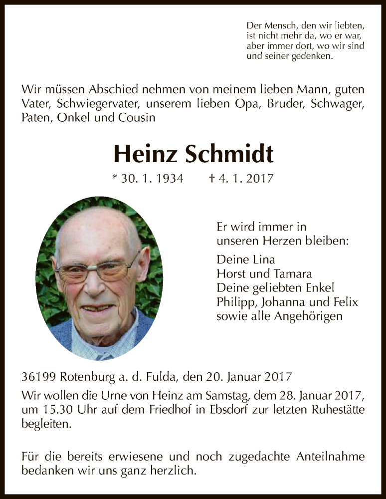  Traueranzeige für Heinz Schmidt vom 20.01.2017 aus HNA