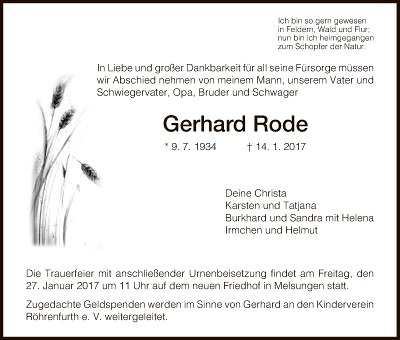 Traueranzeigen Von Gerhard Rode Trauer Hna De