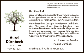 Traueranzeige von Aurel Dürnbeck von HNA