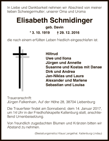 Traueranzeige von Elisabeth Schmidinger von HNA