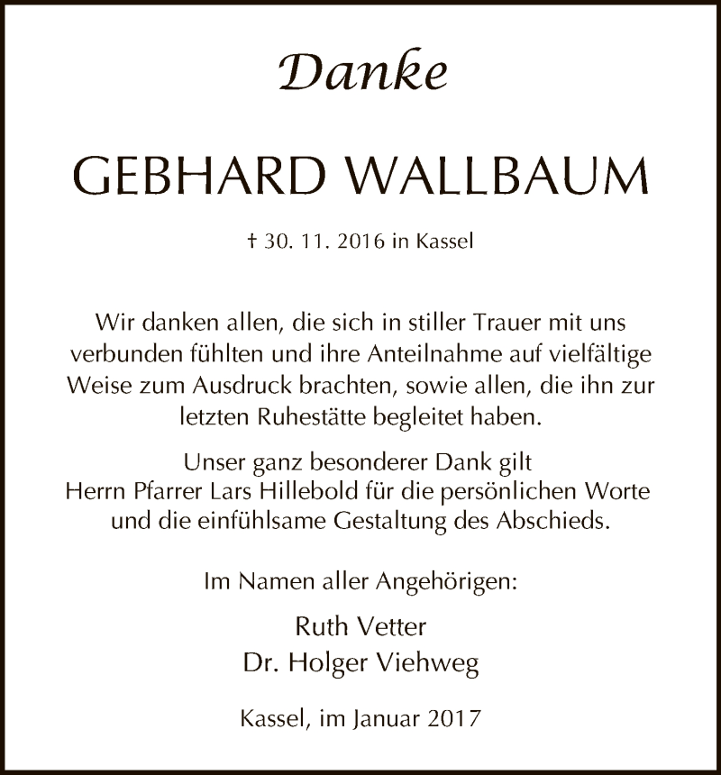  Traueranzeige für Gebhard Wallbaum vom 07.01.2017 aus HNA