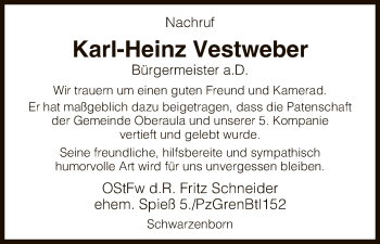 Traueranzeige von Karl-Heinz Vestweber von HNA