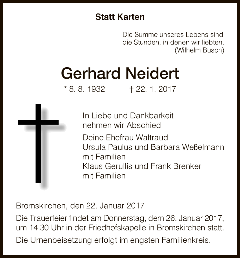  Traueranzeige für Gerhard Neidert vom 24.01.2017 aus HNA