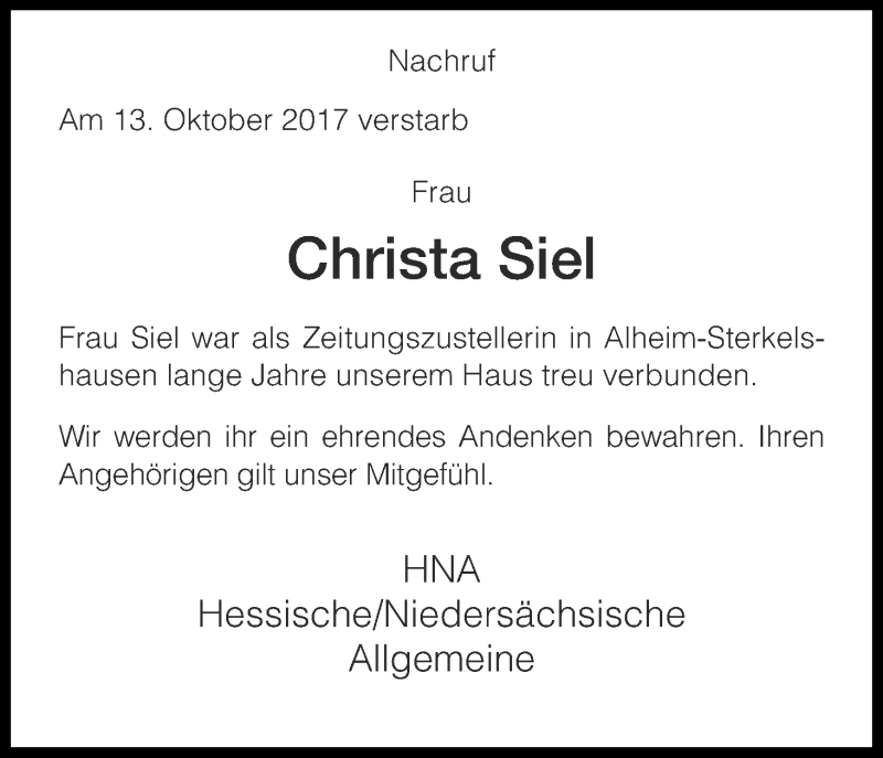  Traueranzeige für Christa Siel vom 17.10.2017 aus HNA