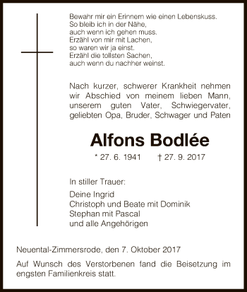 Traueranzeige von Alfons Bodlée von HNA