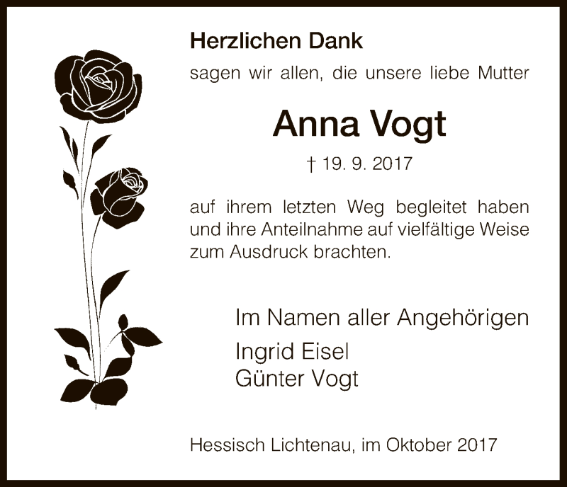  Traueranzeige für Anna Vogt vom 07.10.2017 aus HNA