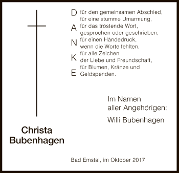 Traueranzeige von Christa Bubenhagen von HNA