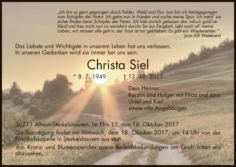  Traueranzeige für Christa Siel vom 16.10.2017 aus HNA