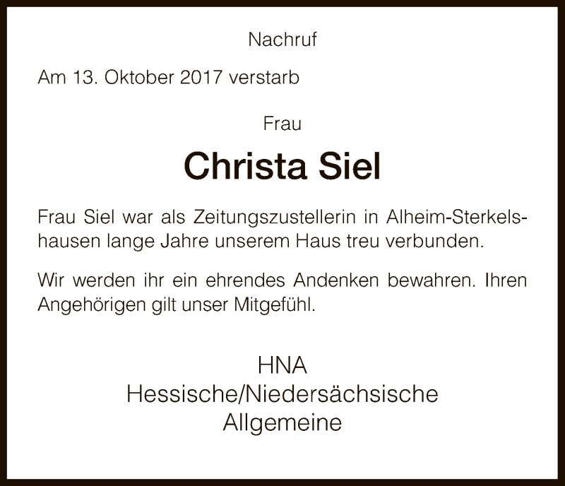  Traueranzeige für Christa Siel vom 18.10.2017 aus HNA