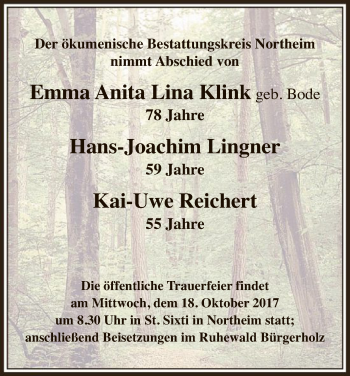 Traueranzeige von Der ökumenische Bestattungskreis Northeim nimmt Abschied von von HNA