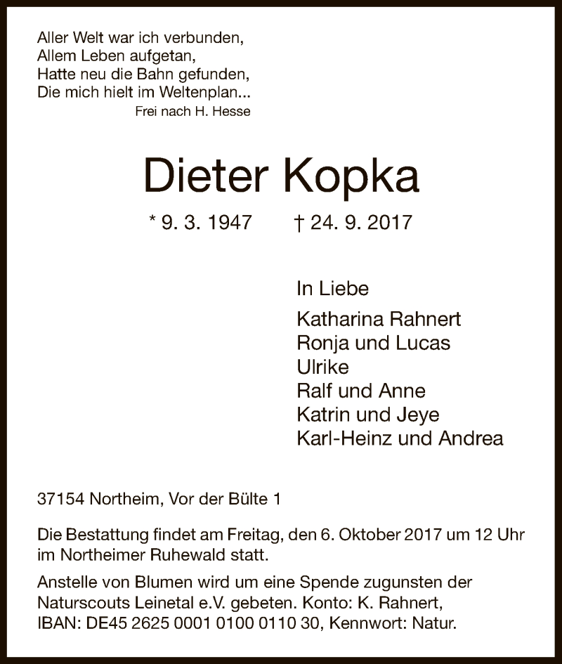 Traueranzeige für Dieter Kopka vom 03.10.2017 aus HNA