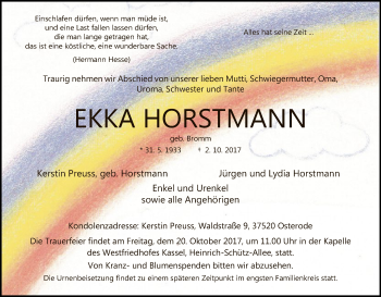 Traueranzeige von Ekka Horstmann von HNA
