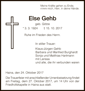 Traueranzeige von Else Gehb von HNA