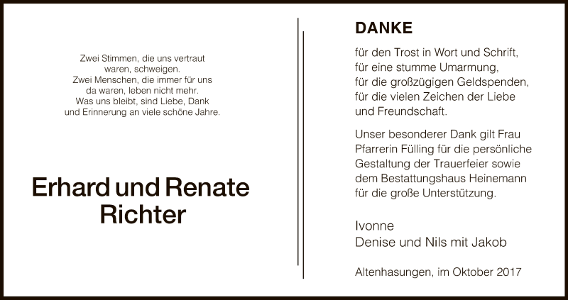  Traueranzeige für Erhard und Renate Richter vom 14.10.2017 aus HNA