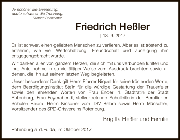 Traueranzeige von Friedrich Heßler von HNA