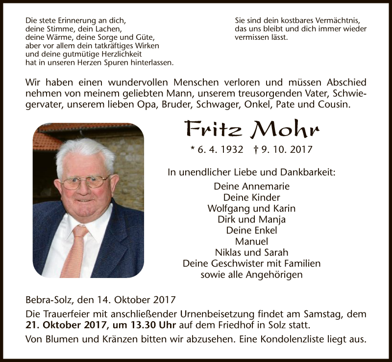  Traueranzeige für Fritz Mohr vom 14.10.2017 aus HNA