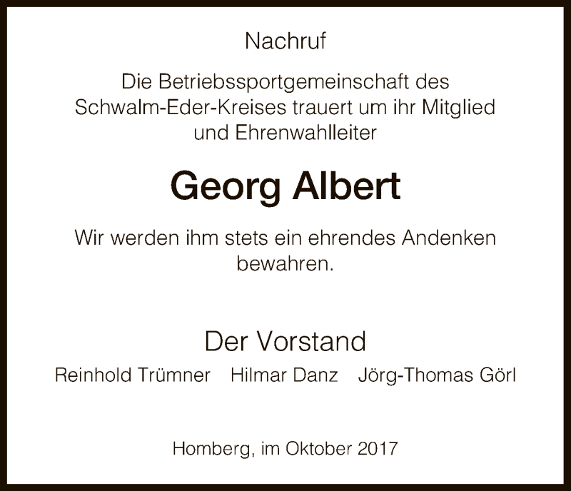  Traueranzeige für Georg Albert vom 13.10.2017 aus HNA