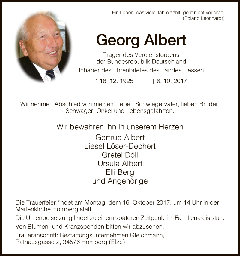  Traueranzeige für Georg Albert vom 11.10.2017 aus HNA